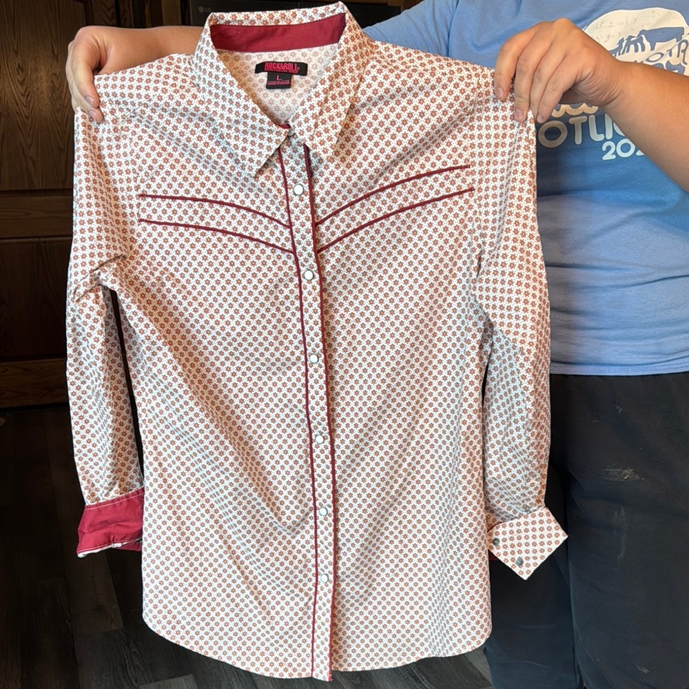 Rock & Roll Cowgirl White and Red Long Sleeve Button Down Shirt